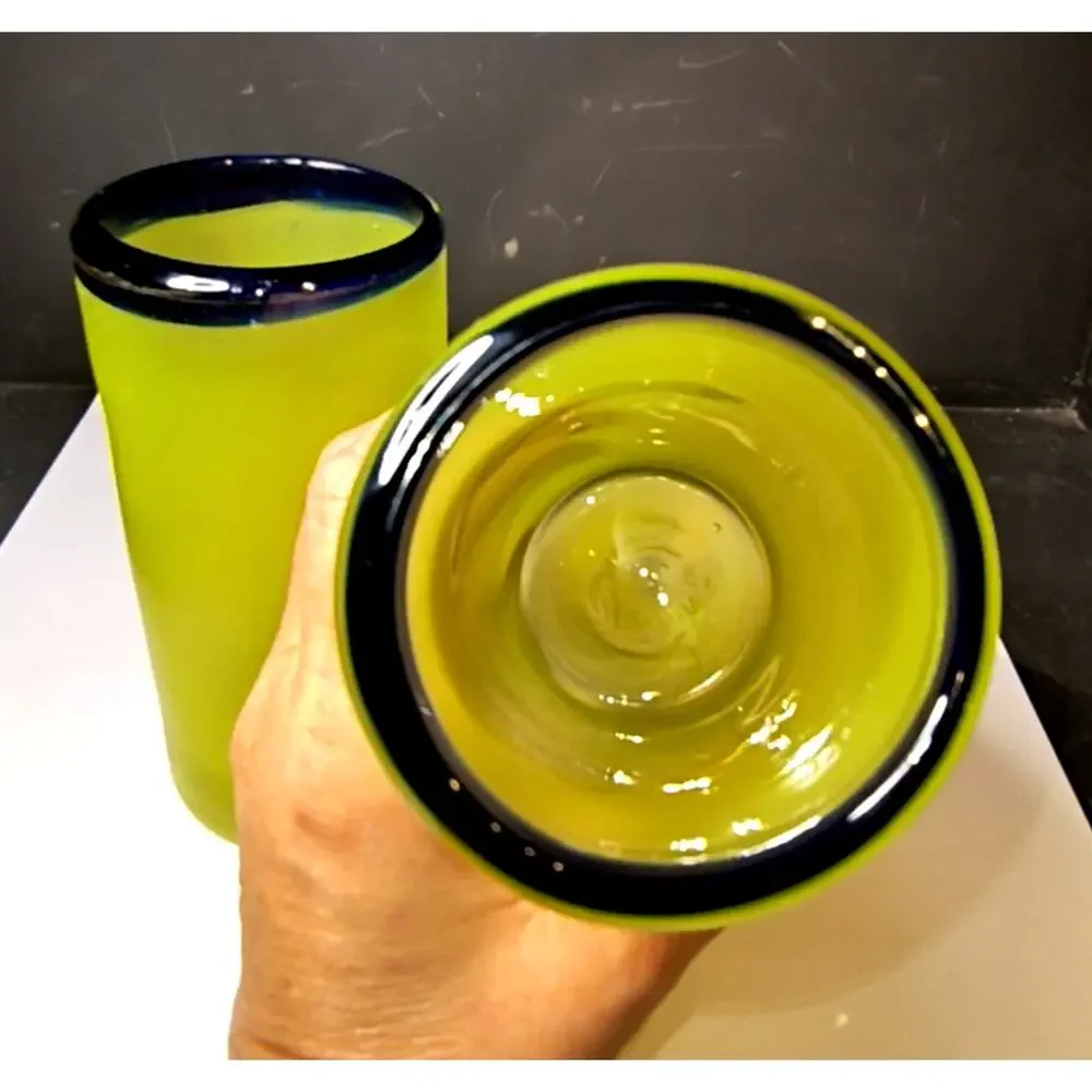 1858.  Vintage Handmade Mexican Art Glasses Hand Blown Yellow Frosted Cobalt Rim